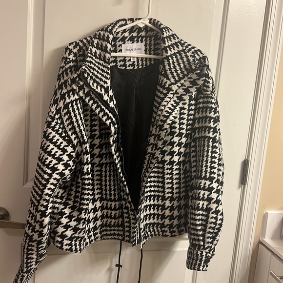 Tribal Houndstooth Bomber Jacket - Faux Leather Trim (Sleeves/Collar) - Picture 9 of 15